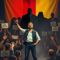 A courageous simple man standing confidently at the forefront of a political rally, engaging with enthusiastic supporters who are cheering and holding signs of encouragement