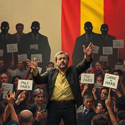 A courageous simple man standing confidently at the forefront of a political rally, engaging with enthusiastic supporters who are cheering and holding signs of encouragement