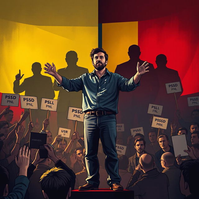 A courageous simple man standing confidently at the forefront of a political rally, engaging with enthusiastic supporters who are cheering and holding signs of encouragement