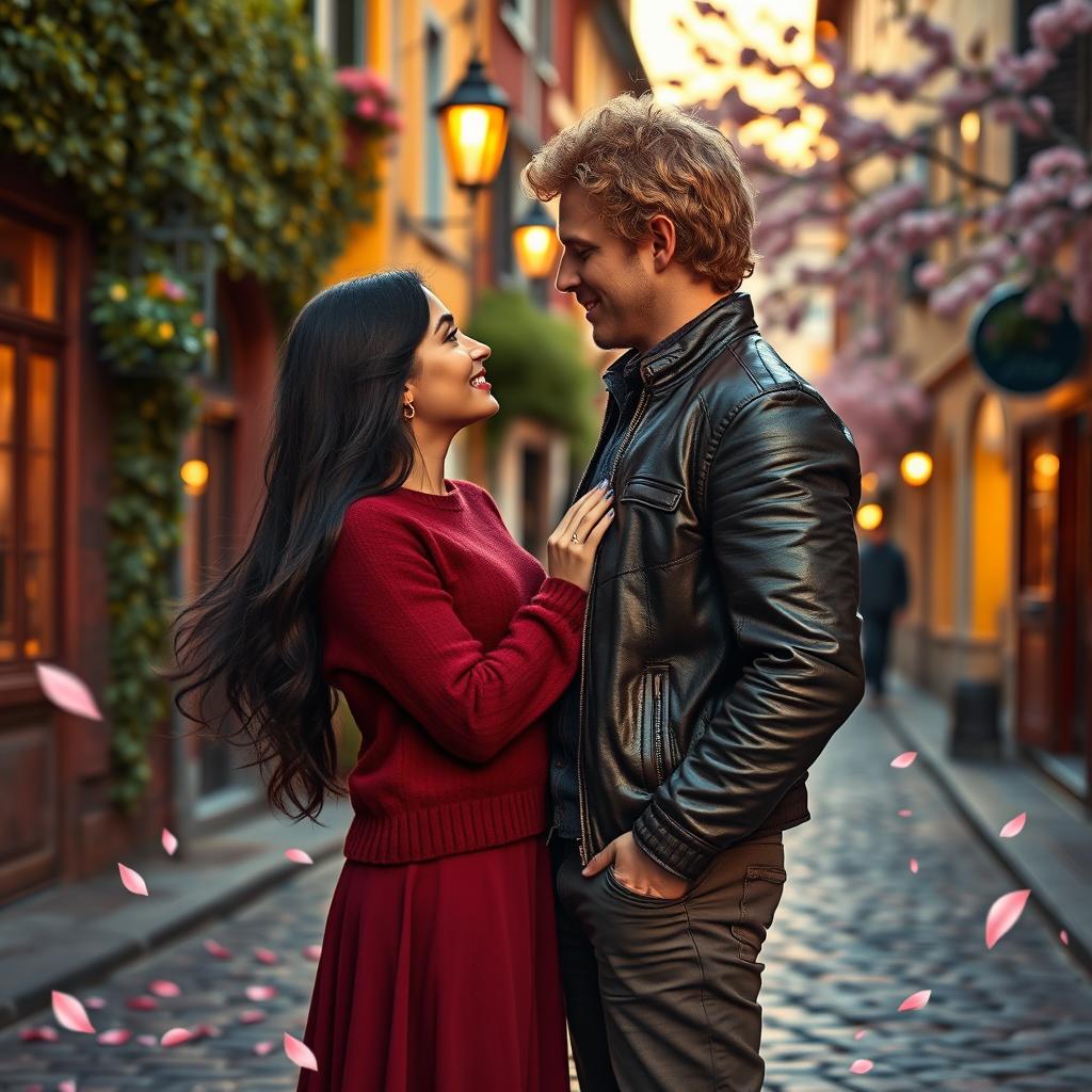 An enchanting love story unfolding in a quaint, cobblestone street of an old European town during the golden hour