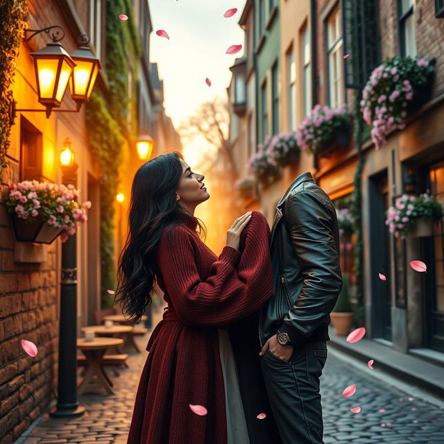 An enchanting love story unfolding in a quaint, cobblestone street of an old European town during the golden hour