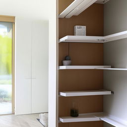 L-shaped wall-mounted furniture, featuring a mix of shelves, cabinets and drawers