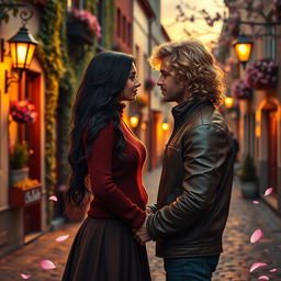 An enchanting love story unfolding in a quaint, cobblestone street of an old European town during the golden hour