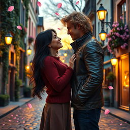 An enchanting love story unfolding in a quaint, cobblestone street of an old European town during the golden hour