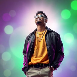 An artistic representation of a modern rap artist, inspired by HDK (Hijo del King), standing confidently with a stylish, contemporary outfit