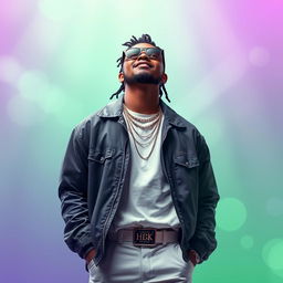 An artistic representation of a modern rap artist, inspired by HDK (Hijo del King), standing confidently with a stylish, contemporary outfit
