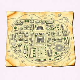 A detailed and intricate illustration of ancient Greek city plans, showcasing a typical layout of a Hellenic city
