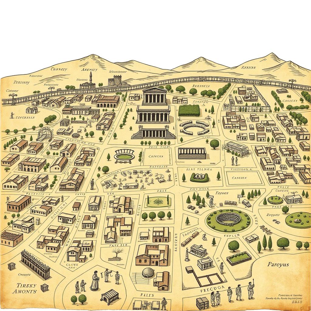 A detailed and intricate illustration of ancient Greek city plans, showcasing a typical layout of a Hellenic city