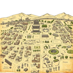 A detailed and intricate illustration of ancient Greek city plans, showcasing a typical layout of a Hellenic city