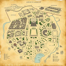 A detailed and intricate illustration of ancient Greek city plans, showcasing a typical layout of a Hellenic city