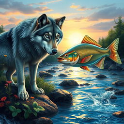 A mesmerizing scene depicting a mystical wolf and a shimmering fish in a vibrant river