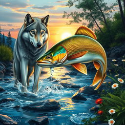 A mesmerizing scene depicting a mystical wolf and a shimmering fish in a vibrant river