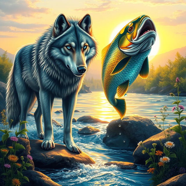 A mesmerizing scene depicting a mystical wolf and a shimmering fish in a vibrant river