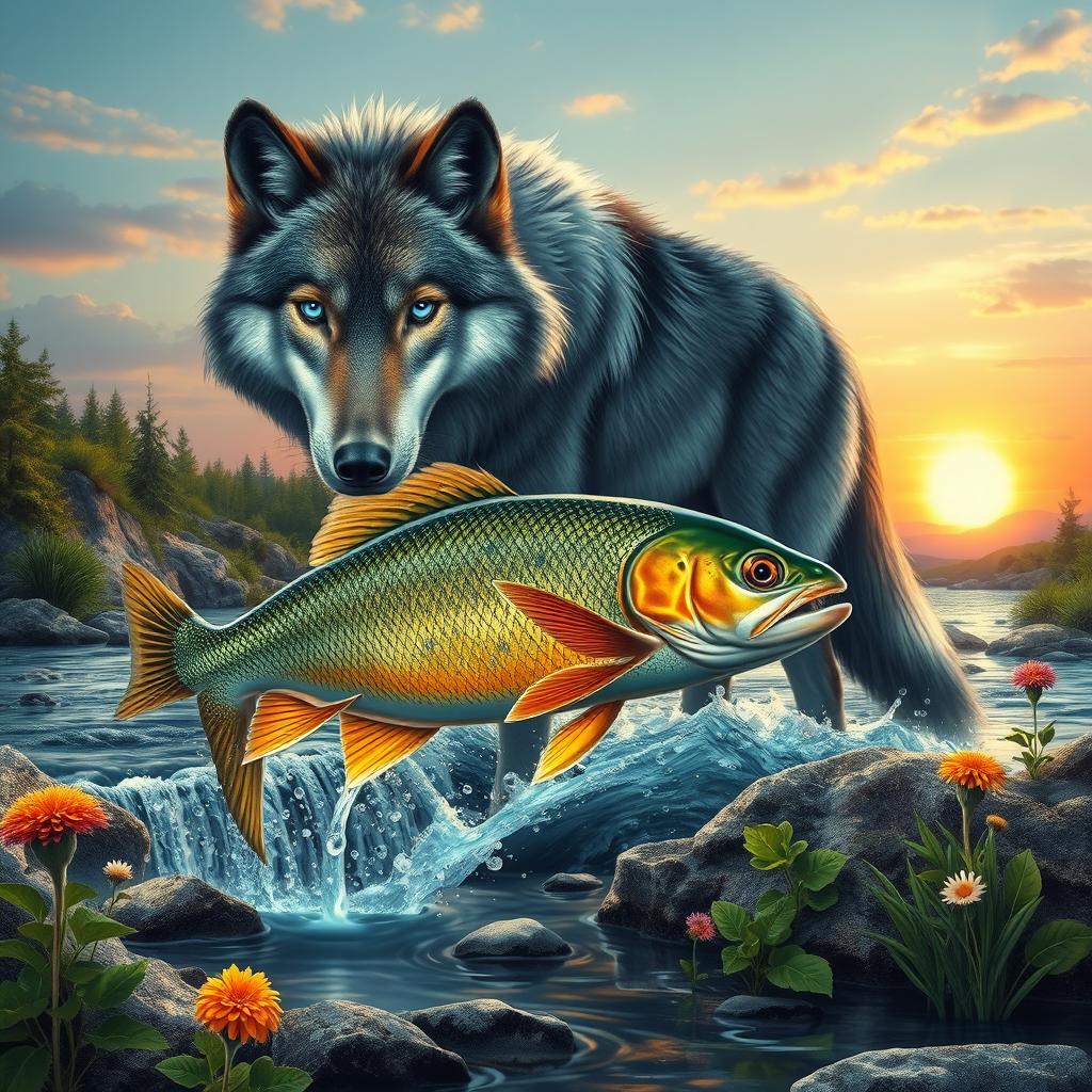 A mesmerizing scene depicting a mystical wolf and a shimmering fish in a vibrant river