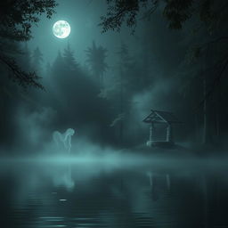 A haunting yet tranquil scene depicting a serene lake surrounded by a dense forest with a mysterious well nearby