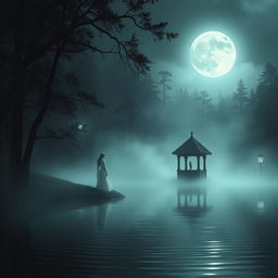 A haunting yet tranquil scene depicting a serene lake surrounded by a dense forest with a mysterious well nearby