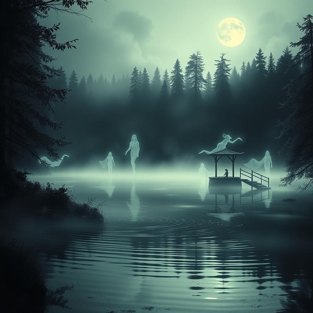 A haunting yet tranquil scene depicting a serene lake surrounded by a dense forest with a mysterious well nearby