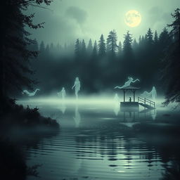 A haunting yet tranquil scene depicting a serene lake surrounded by a dense forest with a mysterious well nearby