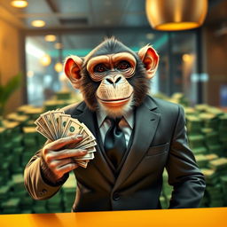 A charismatic monkey dressed in a sharp, tailored suit, exuding a sense of confidence and style