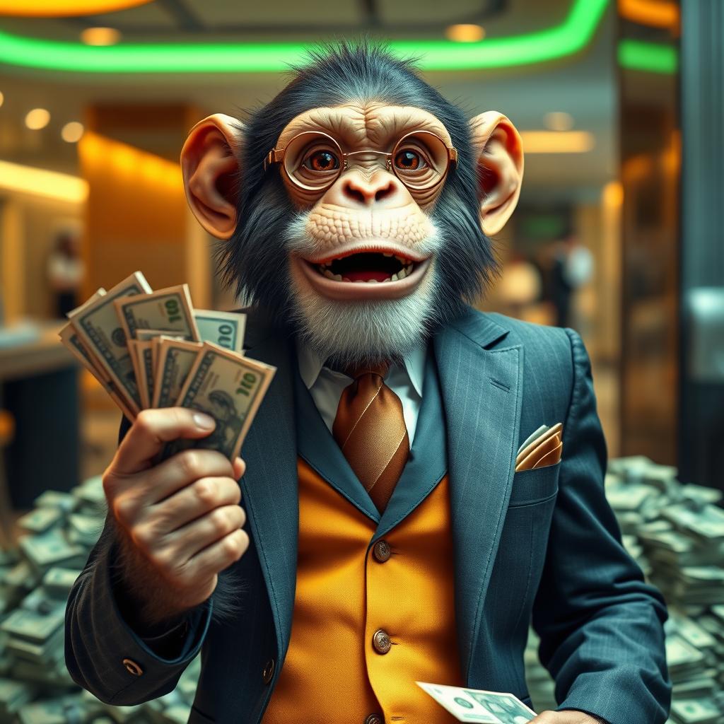 A charismatic monkey dressed in a sharp, tailored suit, exuding a sense of confidence and style