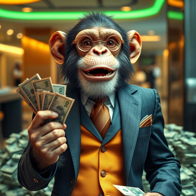 A charismatic monkey dressed in a sharp, tailored suit, exuding a sense of confidence and style