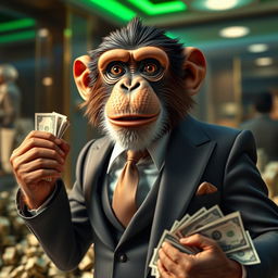 A charismatic monkey dressed in a sharp, tailored suit, exuding a sense of confidence and style