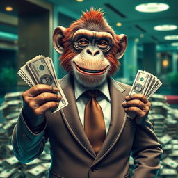 A charismatic monkey dressed in a sharp, tailored suit, exuding a sense of confidence and style