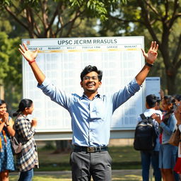 A young Indian man celebrating his UPSC exam results, standing in front of a bulletin board filled with results