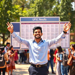 A young Indian man celebrating his UPSC exam results, standing in front of a bulletin board filled with results