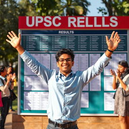 A young Indian man celebrating his UPSC exam results, standing in front of a bulletin board filled with results