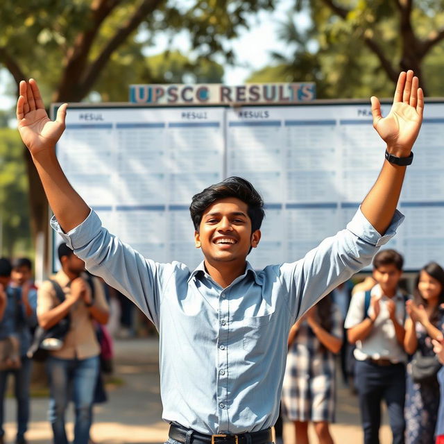 A young Indian man celebrating his UPSC exam results, standing in front of a bulletin board filled with results