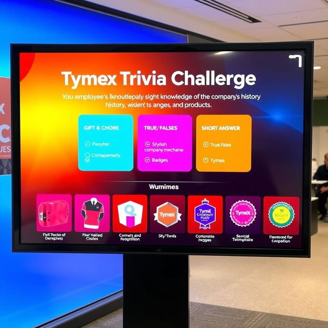 A digital display screen showcasing the 'TymeX Trivia Challenge', designed with vibrant graphics that capture the excitement of the competition