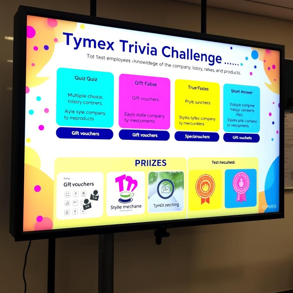 A digital display screen showcasing the 'TymeX Trivia Challenge', designed with vibrant graphics that capture the excitement of the competition