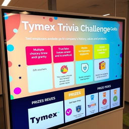 A digital display screen showcasing the 'TymeX Trivia Challenge', designed with vibrant graphics that capture the excitement of the competition