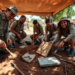 A captivating scene of archaeologists meticulously recovering artifacts from an ancient excavation site
