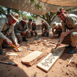 A captivating scene of archaeologists meticulously recovering artifacts from an ancient excavation site