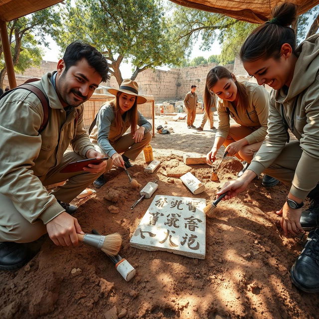 A captivating scene of archaeologists meticulously recovering artifacts from an ancient excavation site