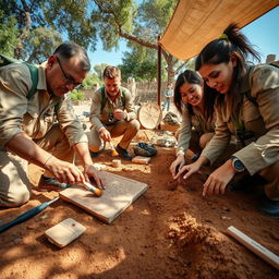 A captivating scene of archaeologists meticulously recovering artifacts from an ancient excavation site