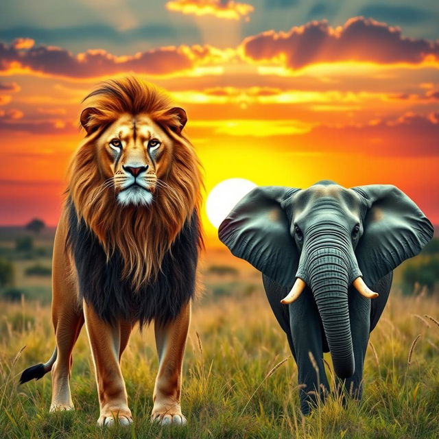 A picturesque scene featuring two distinct animals standing together in harmony