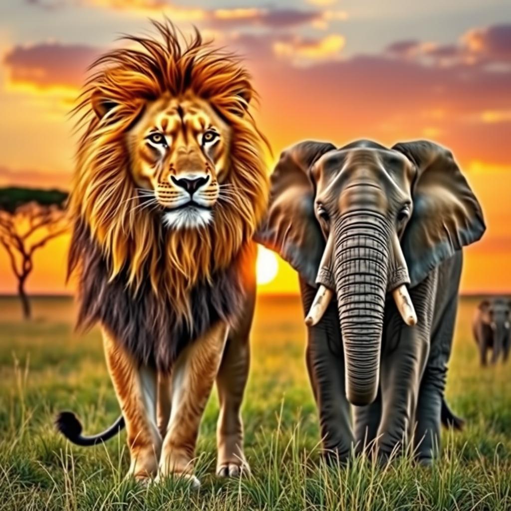 A picturesque scene featuring two distinct animals standing together in harmony