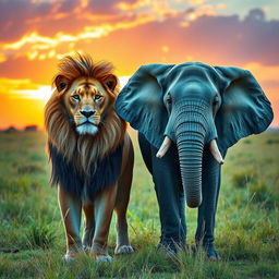 A picturesque scene featuring two distinct animals standing together in harmony