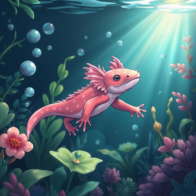 A vibrant, detailed illustration of an axolotl regenerating its lost limb in a serene underwater environment