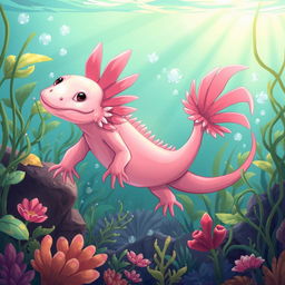 A vibrant, detailed illustration of an axolotl regenerating its lost limb in a serene underwater environment