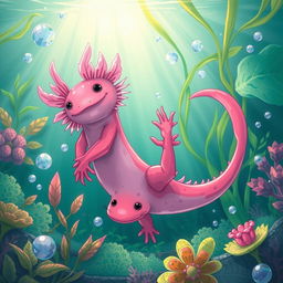 A vibrant, detailed illustration of an axolotl regenerating its lost limb in a serene underwater environment