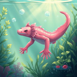 A vibrant, detailed illustration of an axolotl regenerating its lost limb in a serene underwater environment
