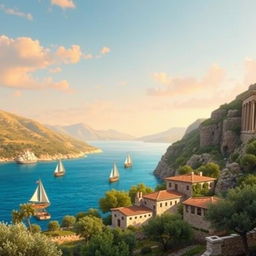A collection of ancient-style landscape depictions of the Gulf of Corinth, capturing its breathtaking beauty and historical significance
