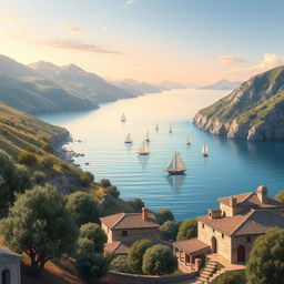A collection of ancient-style landscape depictions of the Gulf of Corinth, capturing its breathtaking beauty and historical significance