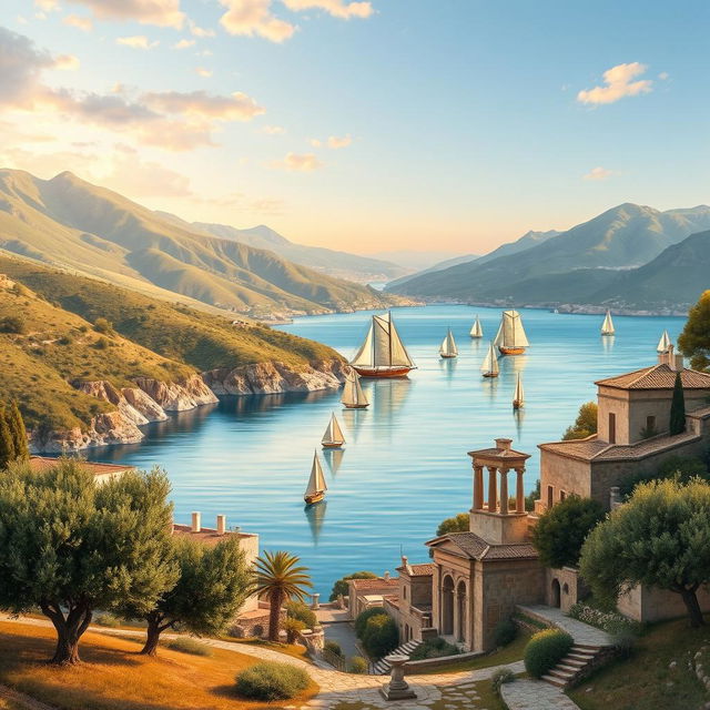 A collection of ancient-style landscape depictions of the Gulf of Corinth, capturing its breathtaking beauty and historical significance