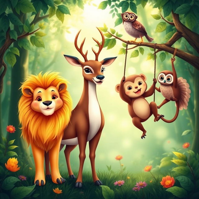 A vivid and colorful scene depicting two pairs of different animals standing together side by side in a harmonious setting