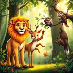 A vivid and colorful scene depicting two pairs of different animals standing together side by side in a harmonious setting